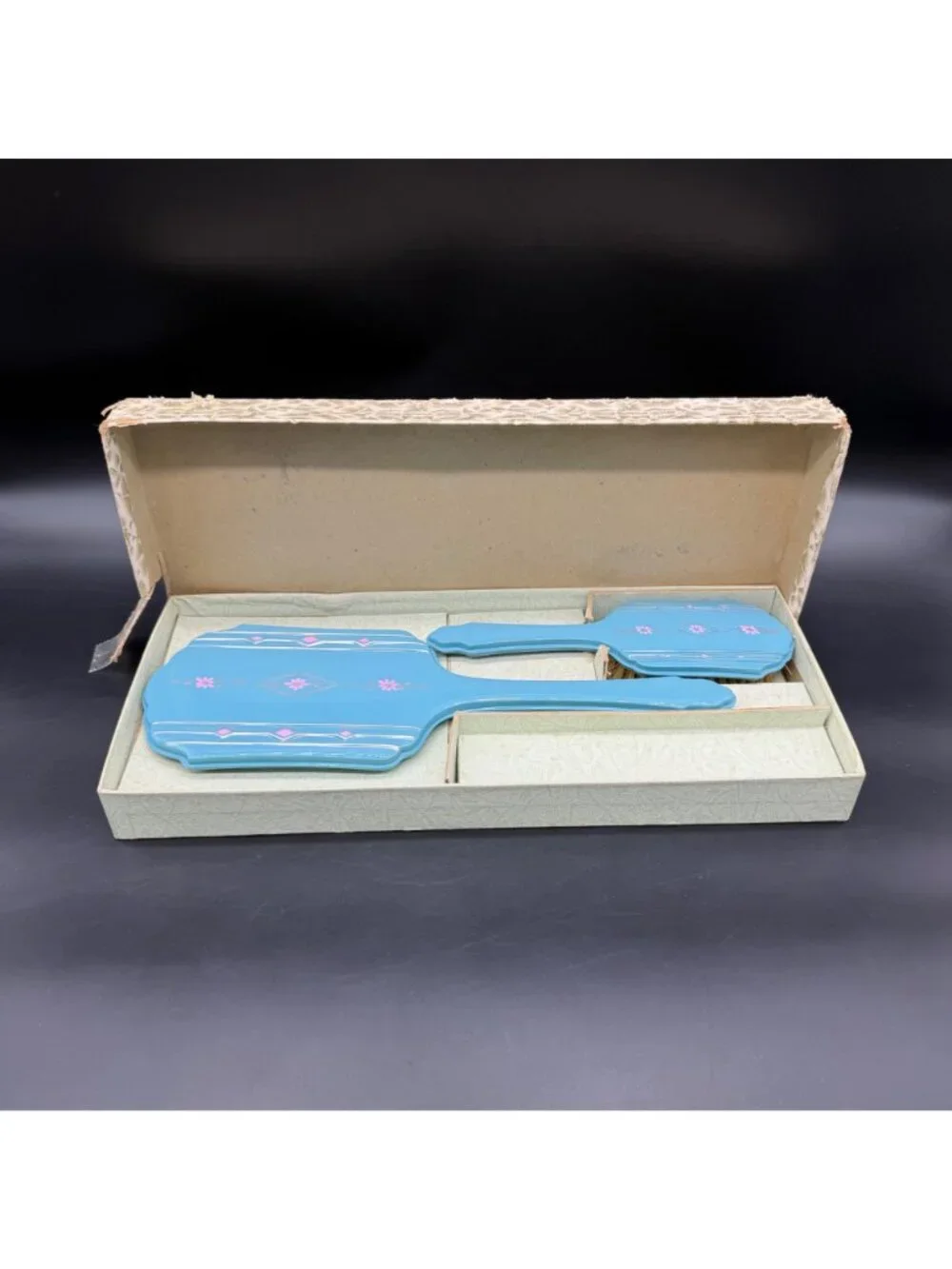 Vintage Blue Floral Mirror Brush Dresser Set Mid Century Plastic Original Box